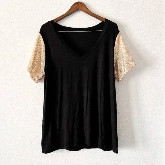 Sequin Short Sleeve Tee V Neck T Shirt Glitter Sparkles Loose Blouse Top 2XL - Picture 2 of 11